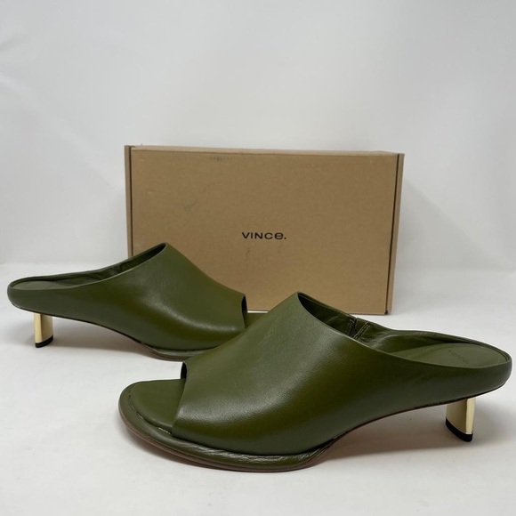 NIB Vince Ezzy Leather Kitten Heel Slide Mules in Olive - Picture 8 of 13